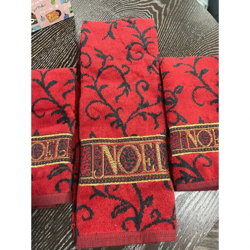 3 Fieldcrest Poinsetta Noel Holiday Christmas Towels Hand & Tip
